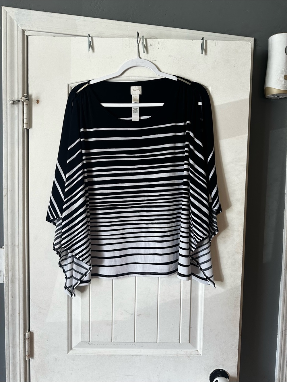 Chico's Black & White Striped Cold Shoulder Poncho Top